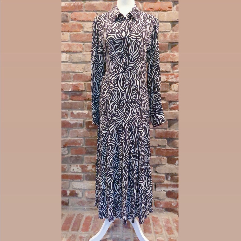 ZARA Womens XL Blue & White Zebra Animal Print Pleated Midi Shirtdress A-Line